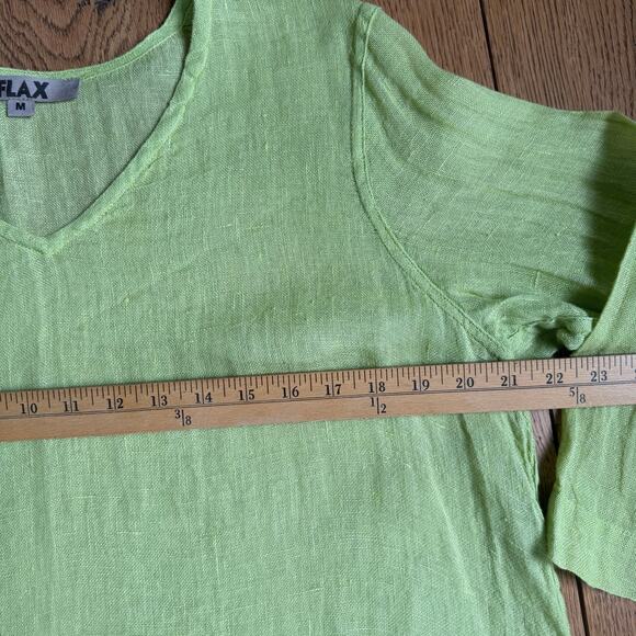 FLAX Chartreuse V Neck Linen Tunic SZ M Lagenlook Minimalist Classic Casual FLAW - Picture 5 of 9